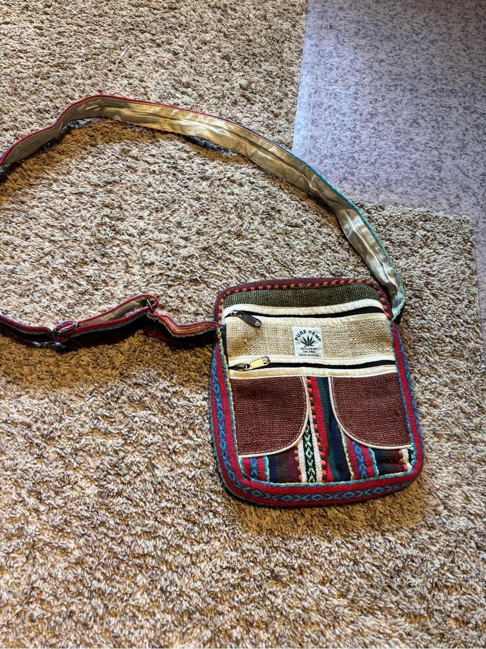 Handwoven Boho Crossbody Bag with Red and Blue Accents